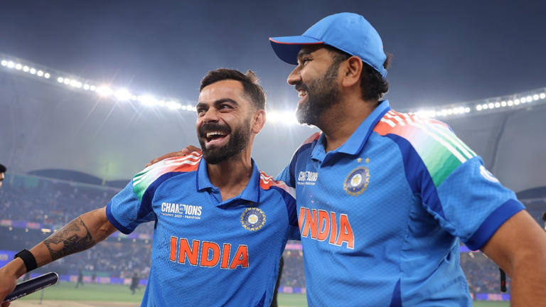 Rohit Sharma and Virat Kohli celebrating India’s 2025 Champions Trophy win after dominating Pakistan