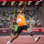 Indian para javelin thrower Sumit Antil mid-run preparing to launch his throw during competition, symbolizing India’s rise in para athletics.