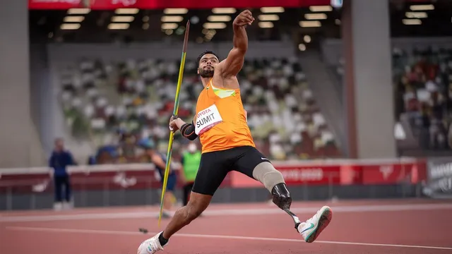 Indian para javelin thrower Sumit Antil mid-run preparing to launch his throw during competition, symbolizing India’s rise in para athletics.