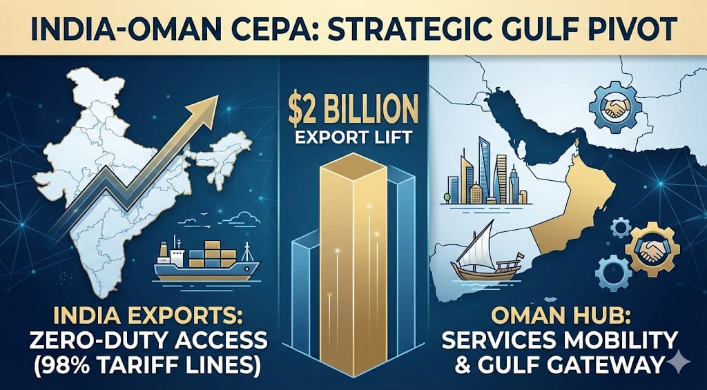 India signs CEPA with Oman offering zero-duty access on 98% tariff lines and wider services access, aiming $2 billion export gains and deeper Gulf market integration.