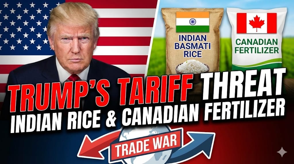 Trump signals possible new tariffs on Indian rice and Canadian fertilizer, intensifying trade tensions with India and Canada while US farmers face rising costs, political uncertainty and the risk of a new tariff war.
