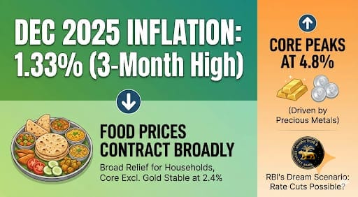 CPI inflation rises to 1.33% in Dec 2025, still under RBI's 2% band with drops in food (-1.85%), housing, fuel.