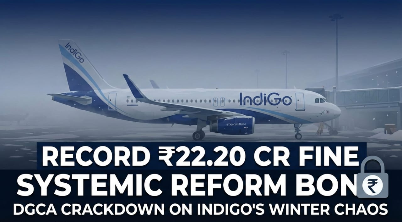 DGCA has imposed a record Rs 22.20 crore penalty and a Rs 50 crore reform-linked bank guarantee on IndiGo over its December flight meltdown.