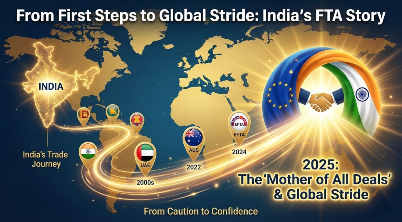 India-EU free trade agreement, highlighting India's recent trade deals with various countries and its strategic shift towards enhancing international trade.