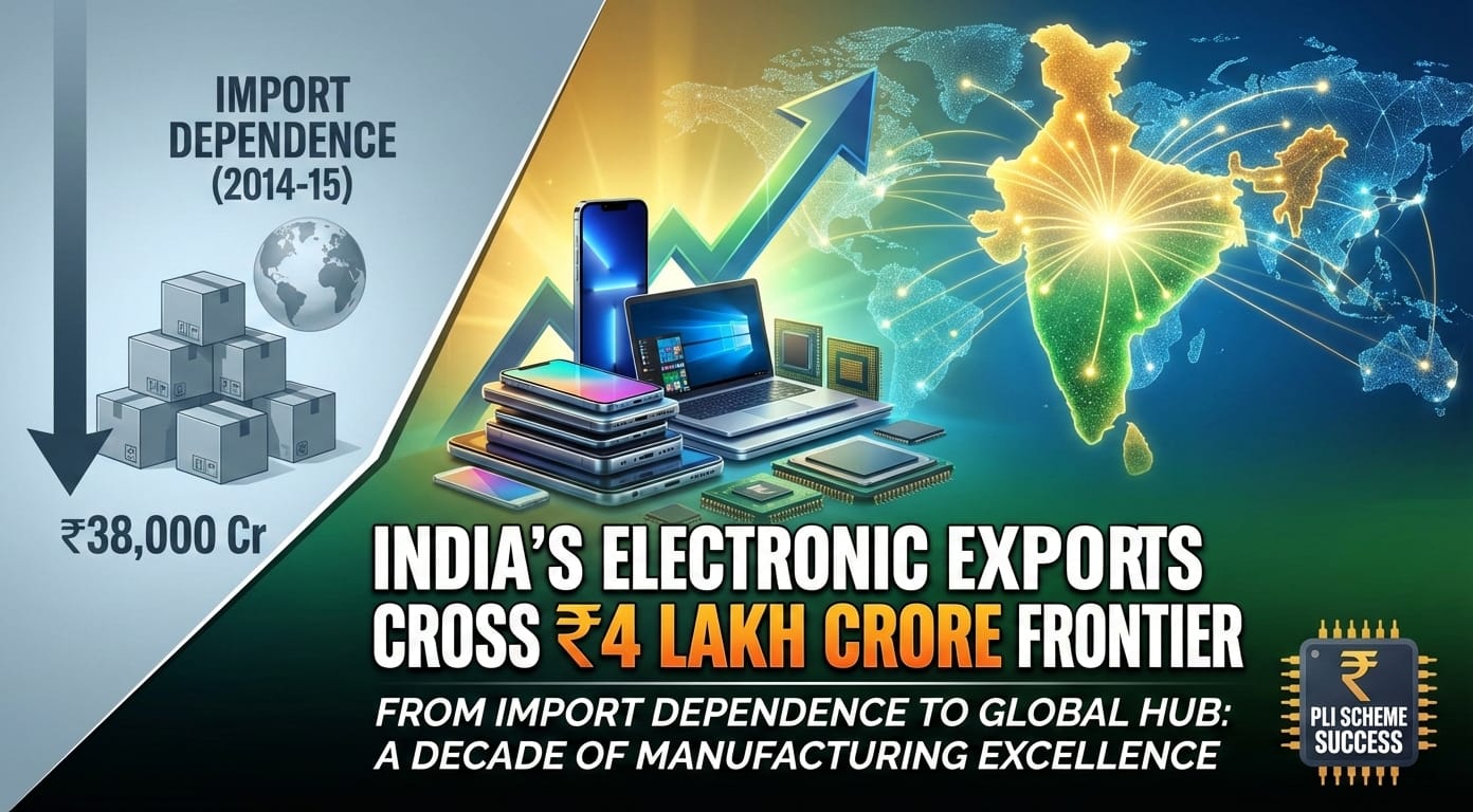India's electronic export trade has, over the last decade, undergone a stunning transformation, going from just Rs 38, 000 crore in 2014–15 to reaching the peak amount of Rs 4 lakh crore in 2025.