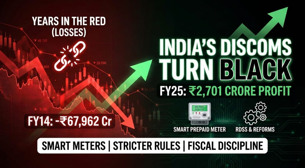 India’s power discoms post ₹2,701-crore profit in FY25 after years of losses. How RDSS, smart metering and tighter rules triggered a structural turnaround.