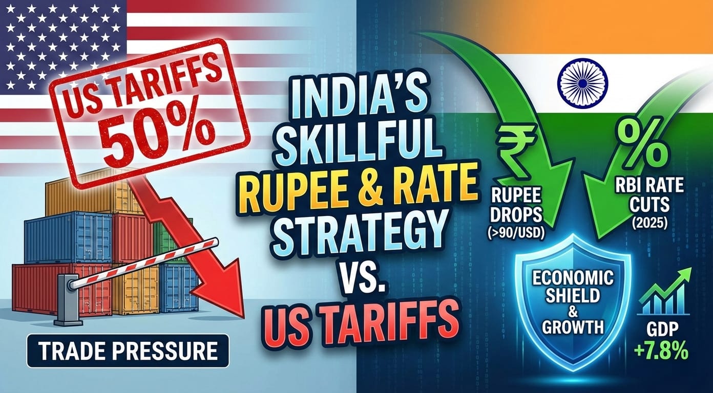 Find out how India cleverly let the rupee drop past 90/USD and lowered interest rates in 2025 to fight back against US tariffs of up to 50%.