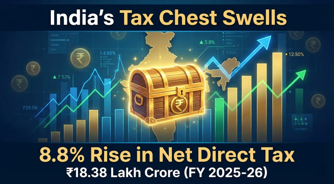 India's net direct tax collections climb 8.82% YoY to ₹18.38 lakh crore by Jan 11, 2026, but trail the 12.7% budgeted pace.