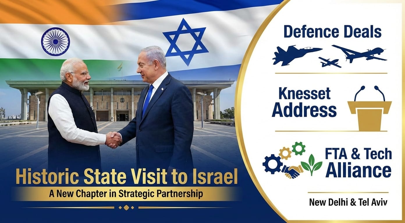 Prime Minister Narendra Modi begins a landmark two-day State visit to Israel on February 25–26, 2026, with talks on defence, trade, agriculture, technology, and the first round of India–Israel Free Trade Agreement negotiations on the agenda.