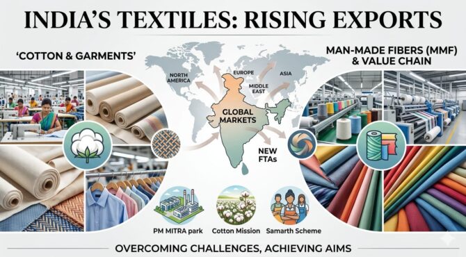 India’s textile exports hit Rs 3.16 lakh crore in FY26, up 2.1 per cent with RMG leading. Explore post-MFA struggles, DFTP for LDCs, inverted MMF duties, and policy revival via PM MITRA.