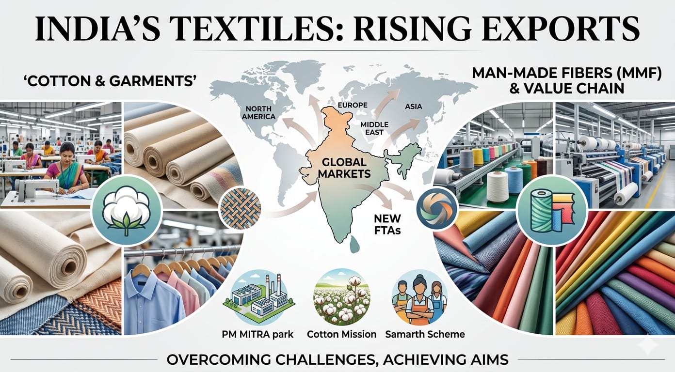 India’s textile exports hit Rs 3.16 lakh crore in FY26, up 2.1 per cent with RMG leading. Explore post-MFA struggles, DFTP for LDCs, inverted MMF duties, and policy revival via PM MITRA.
