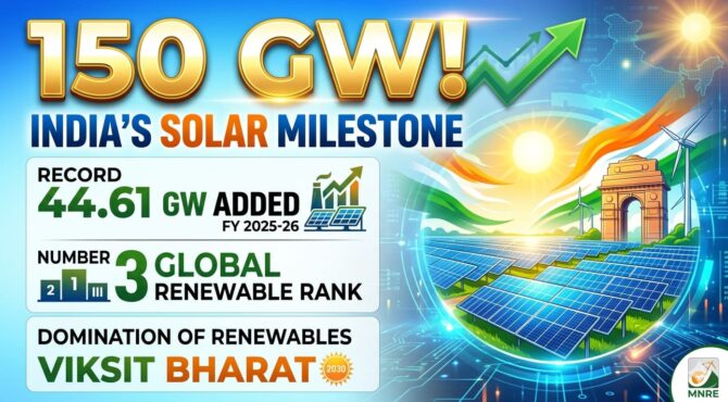 India's solar energy capacity crosses 150 GW mark in FY 2025-26, driven by record 44.61 GW installations including 16.3 GW from DRE; total RE hits 223.27 GW excluding large hydro as Minister Pralhad Joshi announces third global rank.