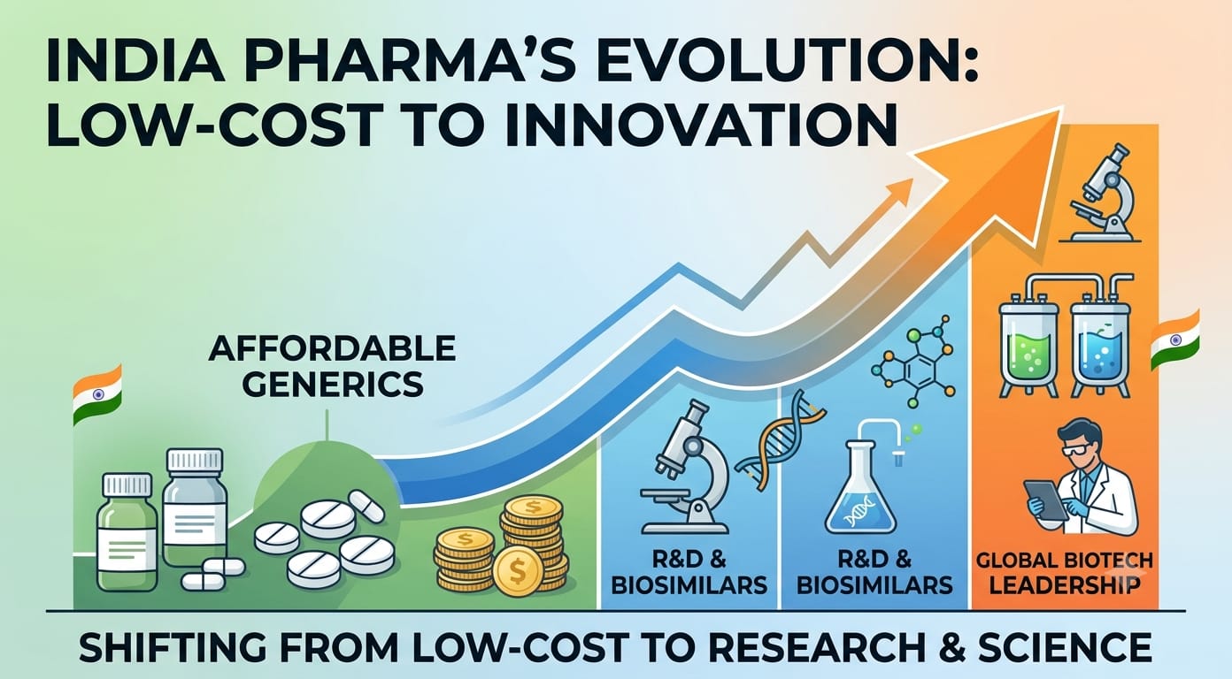 The pharma business is changing from low-cost generics toward biosimilars, innovation, and stronger global competition.