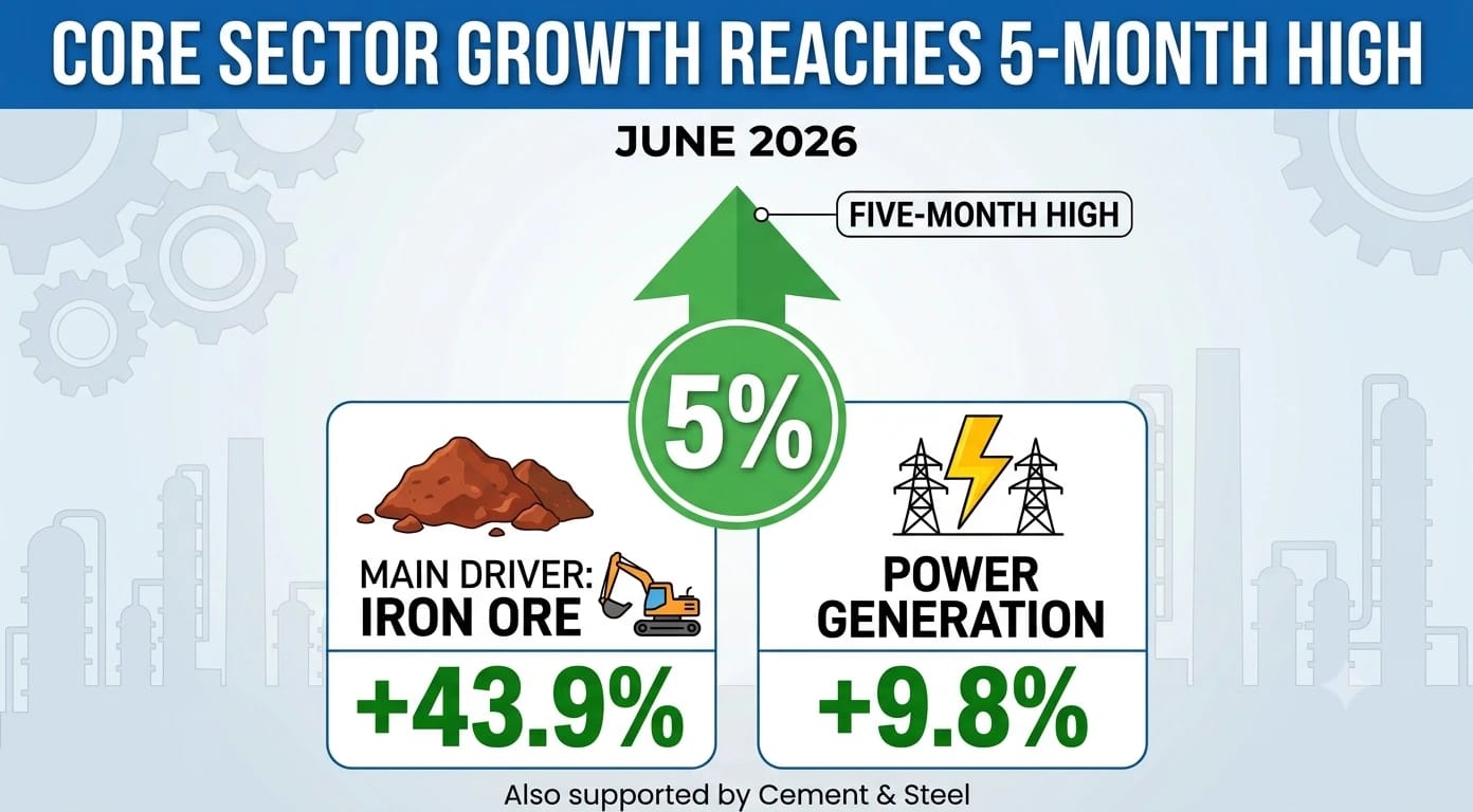 Core sector growth rose to 5% in June 2026, the fastest in five months, as iron ore, electricity, and cement supported the rebound under a revised industrial index.