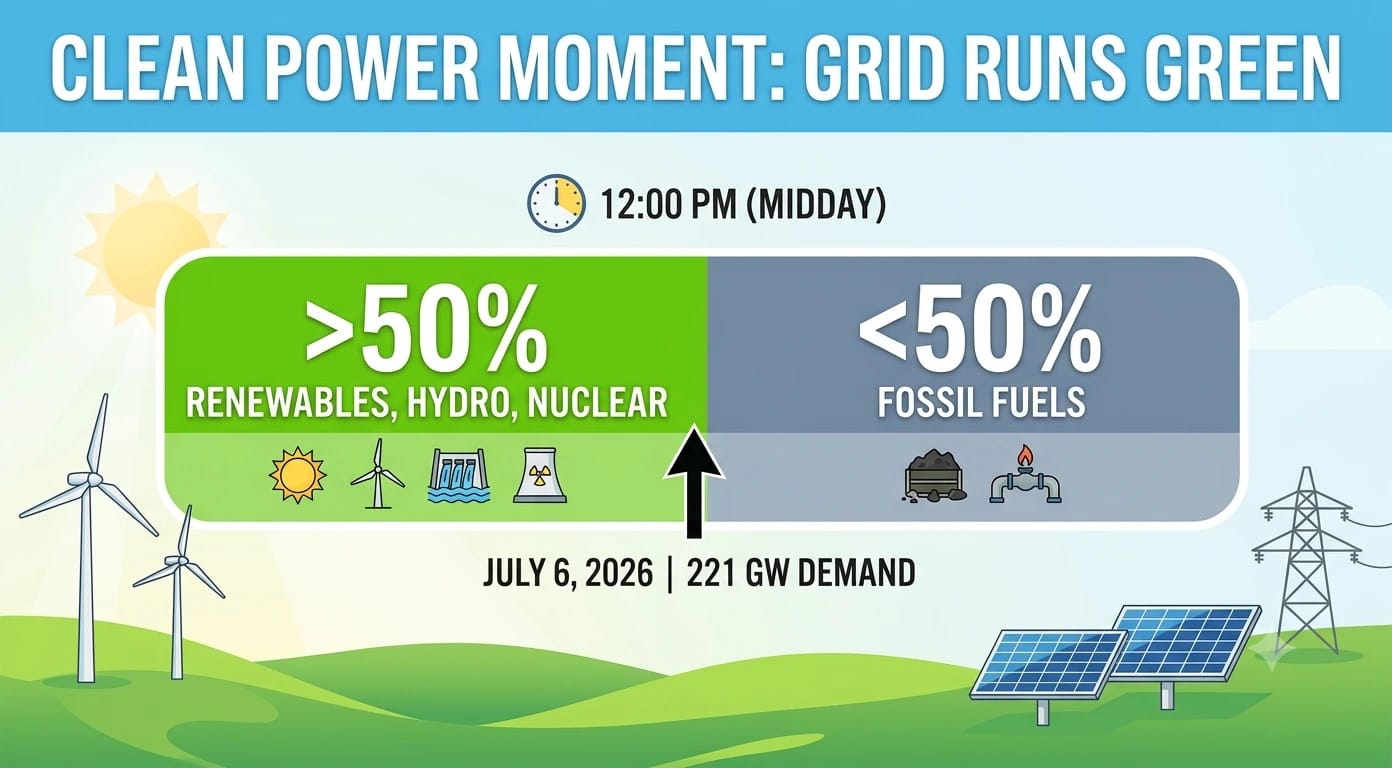 A brief midday peak showed how rapidly the electricity mix is shifting as renewables, hydro and nuclear together met over 50% of generation during a 221 GW system demand.